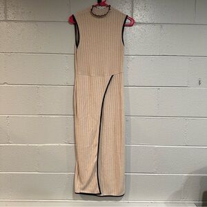 Beige Lightweight Ribbed Sleeveless Midi Dress with Black Accents Ruffle Collar